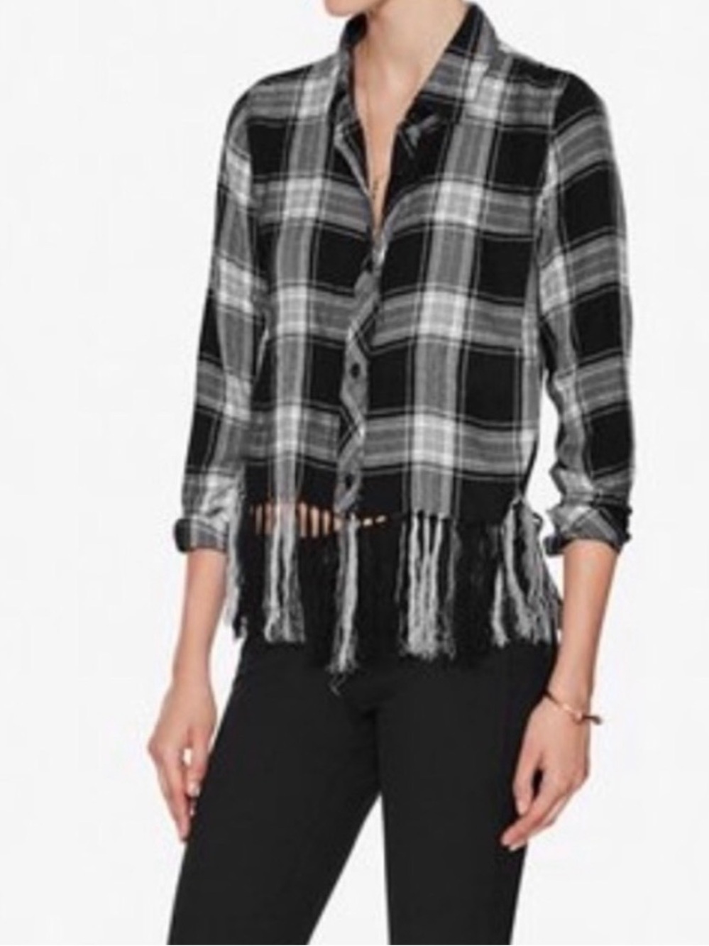 Women's Black & White Plaid Fringe Button-Up Top XS